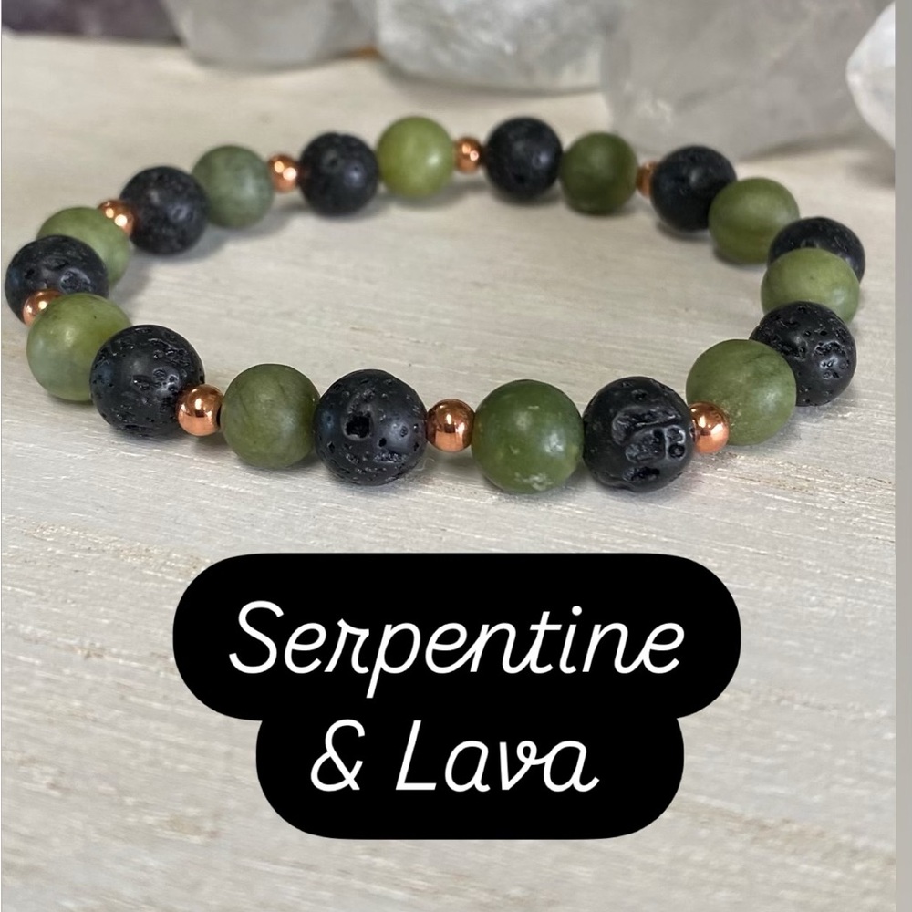 2/$30  8mm Jade & Lava Gemstone Bracelet with Copper Toned Accents - Unisex